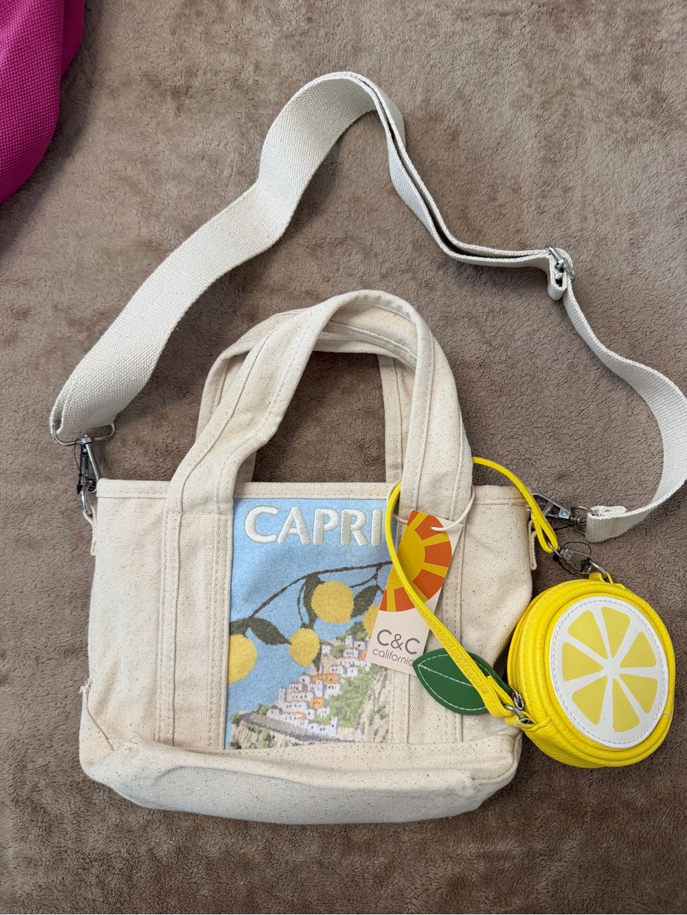 C&C California Neutral Canvas Capri Tote with Yellow Lemon Coin Purse - Picture 2 of 4